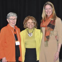 At the 2014 All College Conference where the Altes Prize winner was announced, from left, Jane Altes, former provost and interim president for whom the award is named, prize recipient Catherine Collins, and President Merodie Hancock.