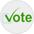 Button (like a lapel button) with green Vote, the v is a check mark in a box. 