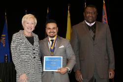 Chancellor Nancy Zimpher, at left, Jaime Lopez, a 2016 Chancellor’s Award for Student Excellence recipient, and SUNY Empire State College Provost Alfred Ntoko at the presentation ceremony, which was held in Albany. Photo/SUNY