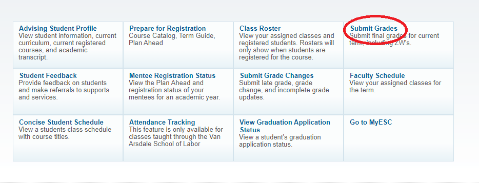 Location of the Submit Grades button in Self-Service Banner