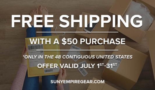 Text says that you can receive free shipping on purchases of $50 or more from the SUNY Gear Store
