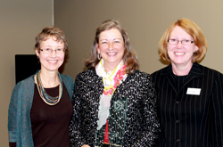 Susanne Murtha, at left representing Creative Healing Connections, Peggy Lynn, center with Altes Prize and Dean Nikki Shrimpton smile during the open house. (Photo/Tracy Zappola)