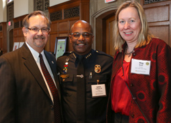 Dean Jonathan Franz, RPD Chief James Sheppard '99, Acting President Meg Benke at the annual Genesee Valley Center community event. Sheppard was honored for his leadership and community service.