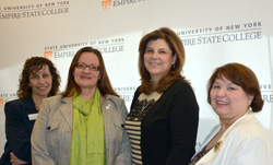 Left to right: Maureen Winney, director of alumni relalations joins 2014 recipient of the Chancellor’s Award for Student Excellence Lori Mould, Audrey Lynch of the Genesee Valley Center and Patricia Myers, director of student life,  second is supported by daughter at the at the ceremony honoring this year’s winners. Photo/Empire State College