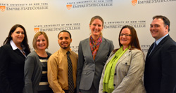 Empire State College President Merodie Hancock, third from right, joins the 2014 Chancellor’s Award for Student Excellence recipients Sandra Barkevich, far left, Elizabeth Hughes, Danny Ferrerya, Lori Mould and Mark Rider at this year’s ceremony in honor of the recipients. Photo/Empire State College 