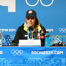 Erin Hamlin ’11 replies to questions at a press conference immediately after winning a bronze medal in luge, women’s singles, at the 2014 Winter Olympics.