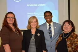 Empire State College student representative Lori Mould, left, joined SUNY Interim Provost Beth Bringsjord, SUNY Student Assembly President and UAlbany graduate student Tremayne Price and Pat Myers, director of collegewide student services for Empire State College at the September SUNY Student Assembly meeting hosted by the college.