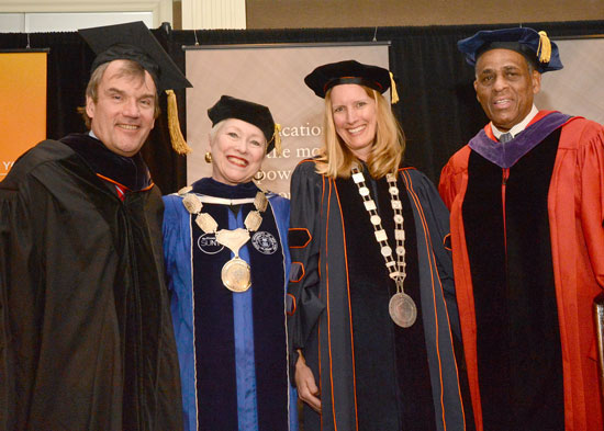 Candace Vancko, president of SUNY Delhi, Cliff Wood, president of Rockland Community College, SUNY Chancellor Nancy Zimpher and Andrew Matonak, president of Hudson Valley Community College, preparing for the inauguration ceremony of ESC President Merodie 
A. Hancock.