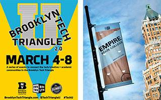 photo of an Empire State College street banner hanging was a light post in brooklyn and a poster promoting a Tech Triangle event in Brooklyn