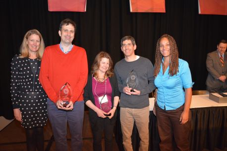 President Merodie Hancock, at far left, and Professor Rhianna Rogers, last year’s award recipient at far right, join the recipients of the James William and Mary Elizabeth Hall Award for Innovation, Carl Burkhart, Brett Sherman, at center, and Stephen Simon, at the 2016 All College Conference.