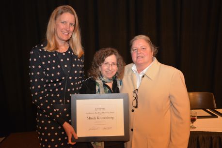 President Merodie Hancock and Mentor Heidi Nightengale present Mentor Mindy Kronenberg, center, with the 2016 Empire State College Foundation Award for Excellence in Part-time Mentoring. Nightengale is the 2015 award recipient.