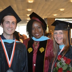 Professor Jelia Domingo, center, with her Master's of Arts in Teaching students Michael Kushnir and Georgina Scardino at the Purchase Commencement event. Photo/Empire State College
