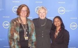 Co-chairs Alison Brust, left, and Roopa Kunapuram, right, flank Chancellor Nancy L. Zimpher at the SUNY Capital Region SEFA Campaign kickoff, held on Oct. 28, 2015, at SUNY System Administration, Albany. Photo/Stephen Sherokey