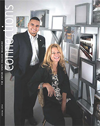 Connections Spring 2014 cover - Arts Instructor Barrie Cline '01, '04, seated, with Jaime Lopez '09, a student at The Harry Van Arsdale Jr. Center for Labor Studies, in front of the Workers Pavilion. Story on page 12.