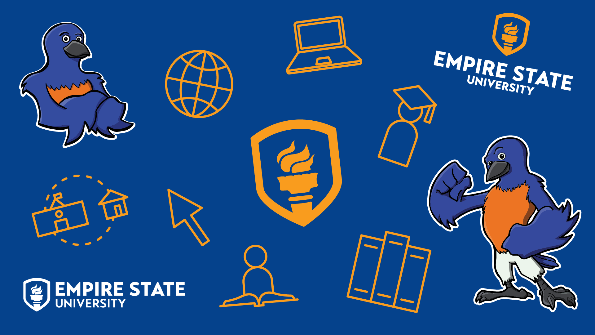 Teams background with various education illustrations, Blue and the university logo