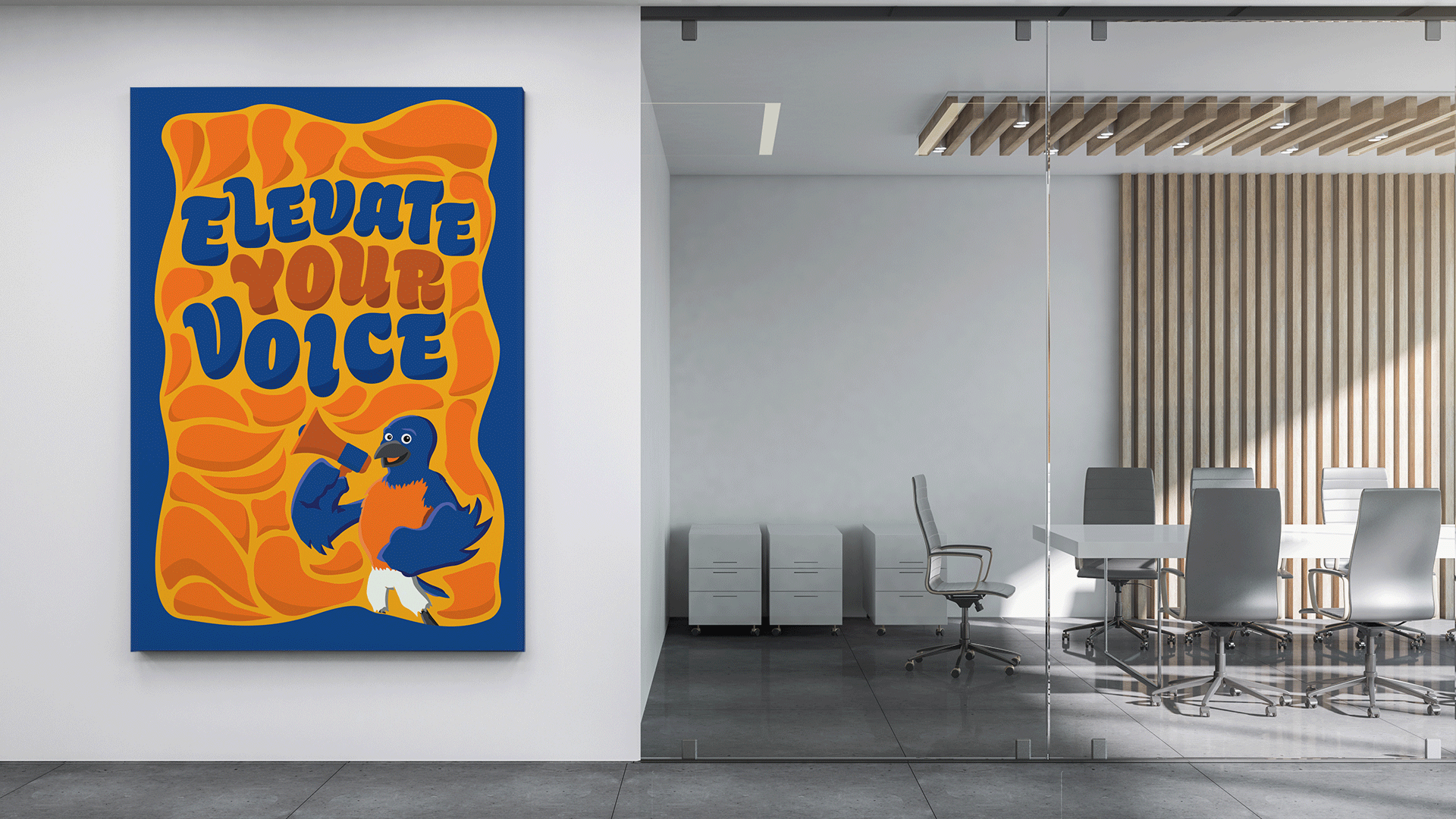 Teams background of a conference room with an illustrated poster of Blue saying 