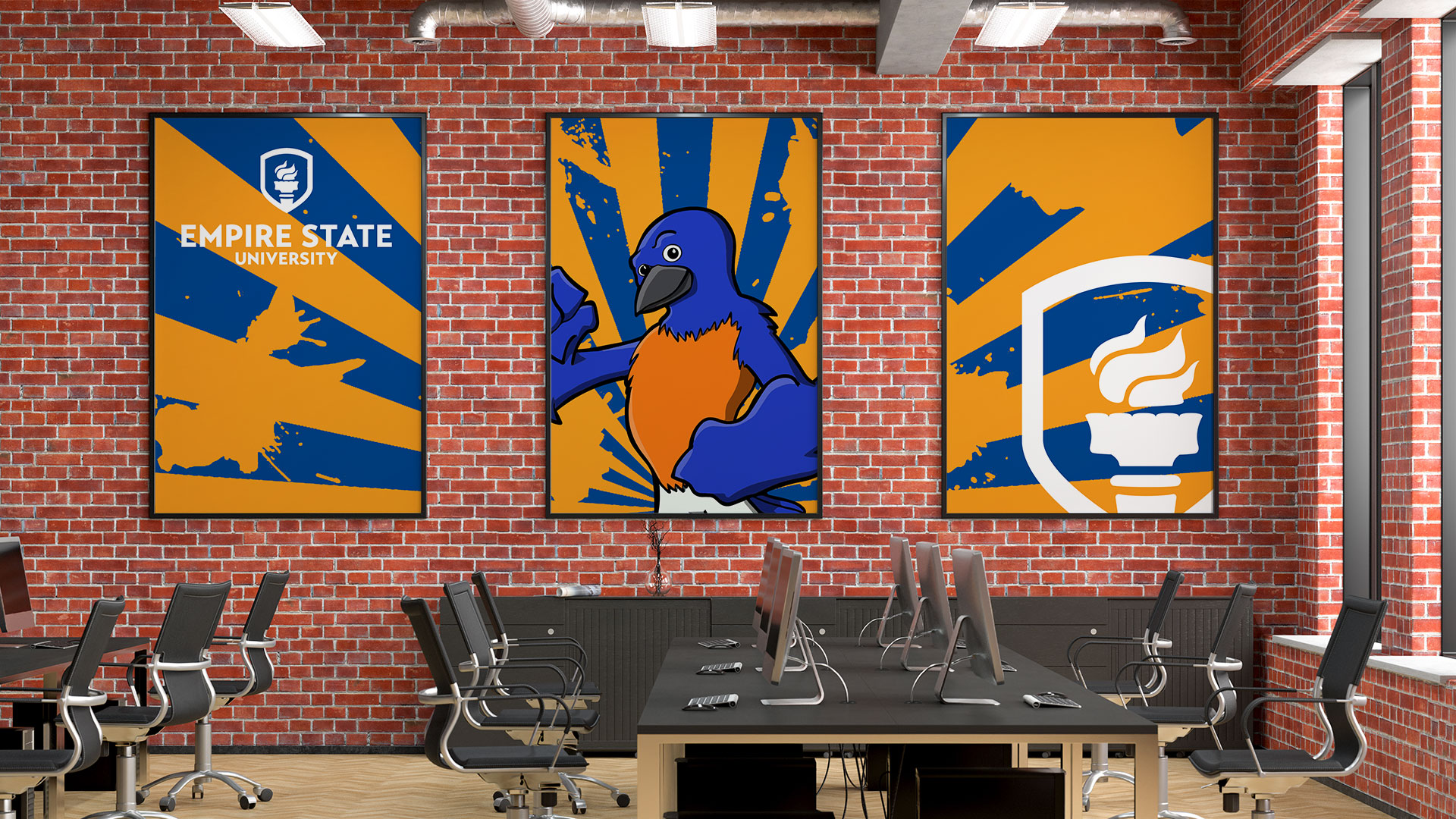 Teams background of a brick interior room with 3 posters of the logo, Blue, and the shield